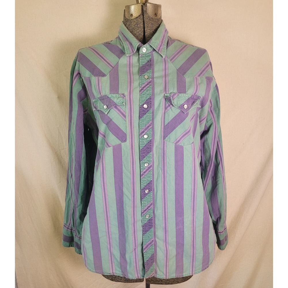 Vintage 70s 80s Youngbloods Authentic Western Purple Green Striped Pearl‎ Snap L